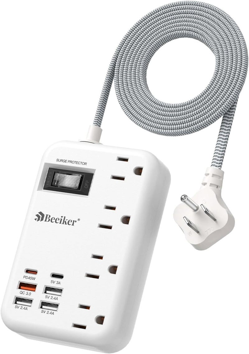 Beeiker 45W USB C Surge Protector Power Strip, Travel Power Strip with 6 USB(2 USB C) Ports and 4 Outlets,5Ft Flat Plug Braided Extension Cord, PD 45W Fast Charging for MacBook Laptops iPad Pro iPhone Samsung - Image 1